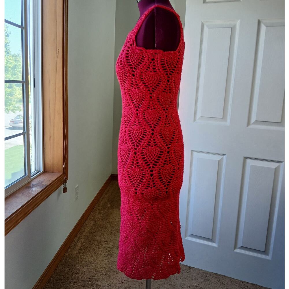 Hand Crafted Red Crochet Lace Gown M L XL 2X bodycon midi tube dress swim cover - Picture 3 of 11